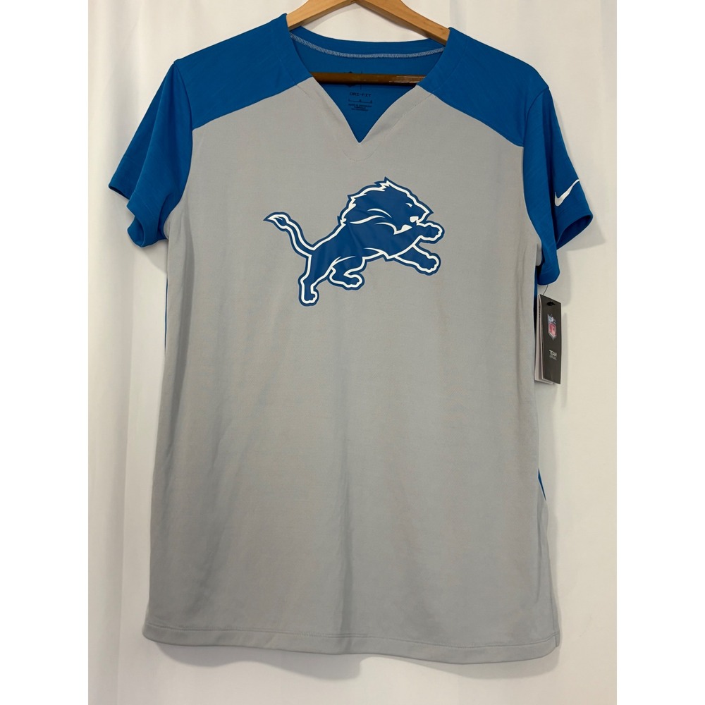 Nike Detroit Lions Dri-FIT T-Shirt Womens Large Grey Blue V-Neck NFL NEW
